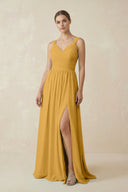 A - Line Pleated Chiffon Long Bridesmaid Dress in Marigold - KissProm Bridesmaid Dresses