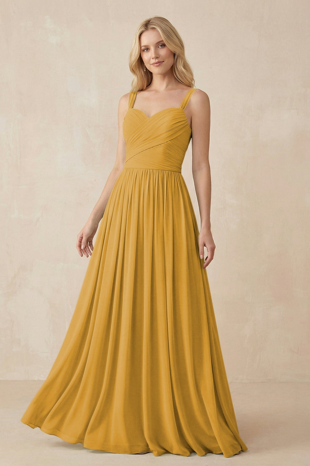 A - Line Pleated Chiffon Long Bridesmaid Dress in Marigold - KissProm Bridesmaid Dresses