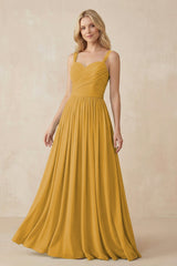 A - Line Pleated Chiffon Long Bridesmaid Dress in Marigold - KissProm Bridesmaid Dresses
