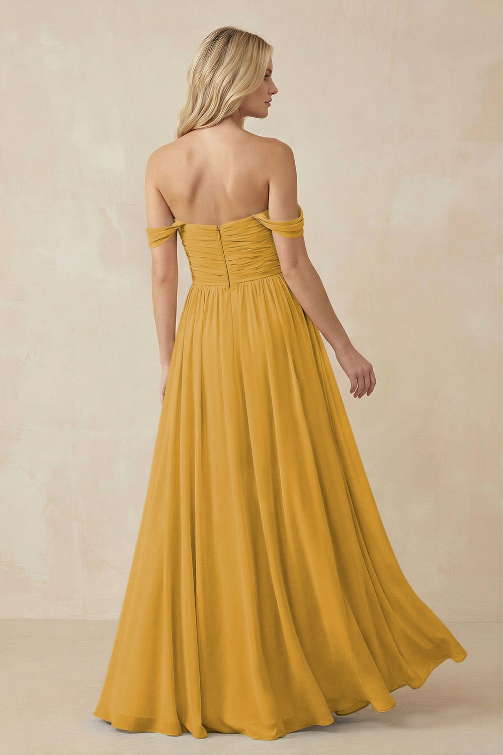 A - Line Pleated Chiffon Long Bridesmaid Dress in Marigold - KissProm Bridesmaid Dresses