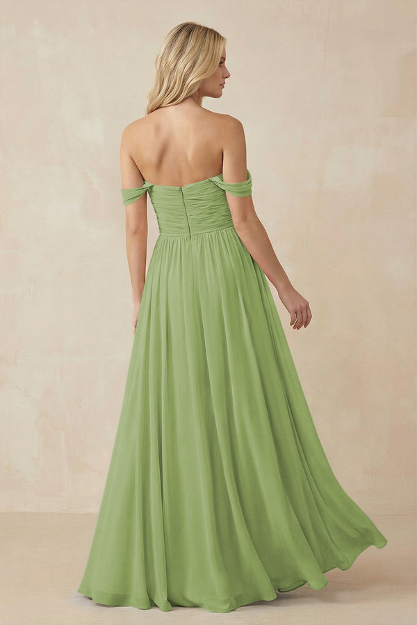 KissProm | A-Line Long Chiffon Pleated Bridesmaid Dress for Wedding in Matcha KissProm | A-Line Long Chiffon Pleated Bridesmaid Dress for Wedding in Matcha
