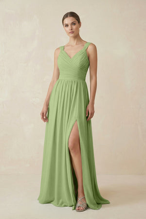A - Line Pleated Chiffon Long Bridesmaid Dress in Matcha - KissProm Bridesmaid Dresses