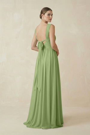 A - Line Pleated Chiffon Long Bridesmaid Dress in Matcha - KissProm Bridesmaid Dresses
