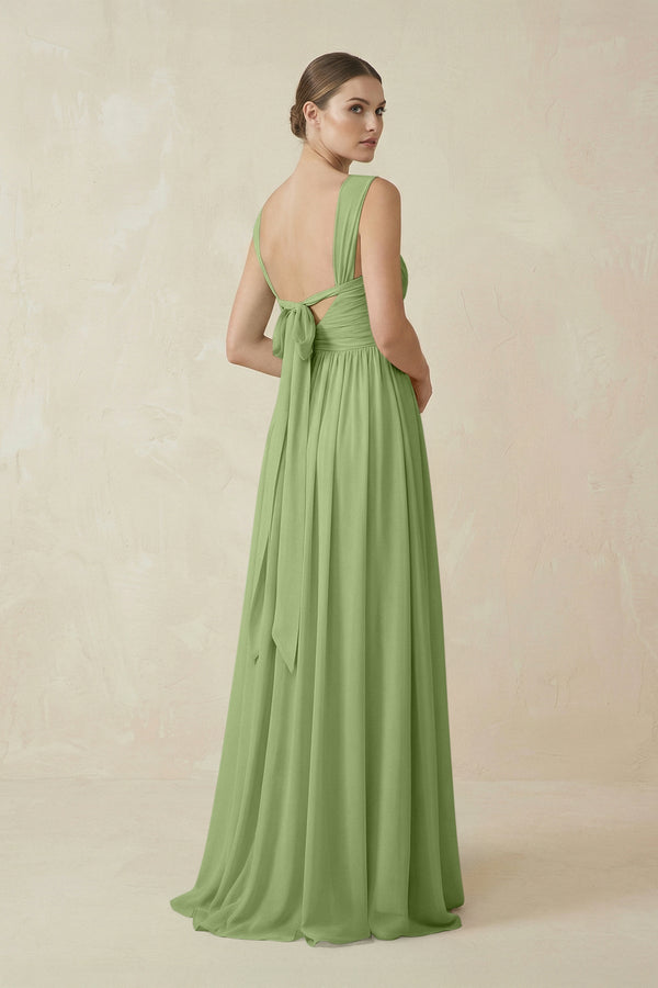 A - Line Pleated Chiffon Long Bridesmaid Dress in Matcha - KissProm Bridesmaid Dresses