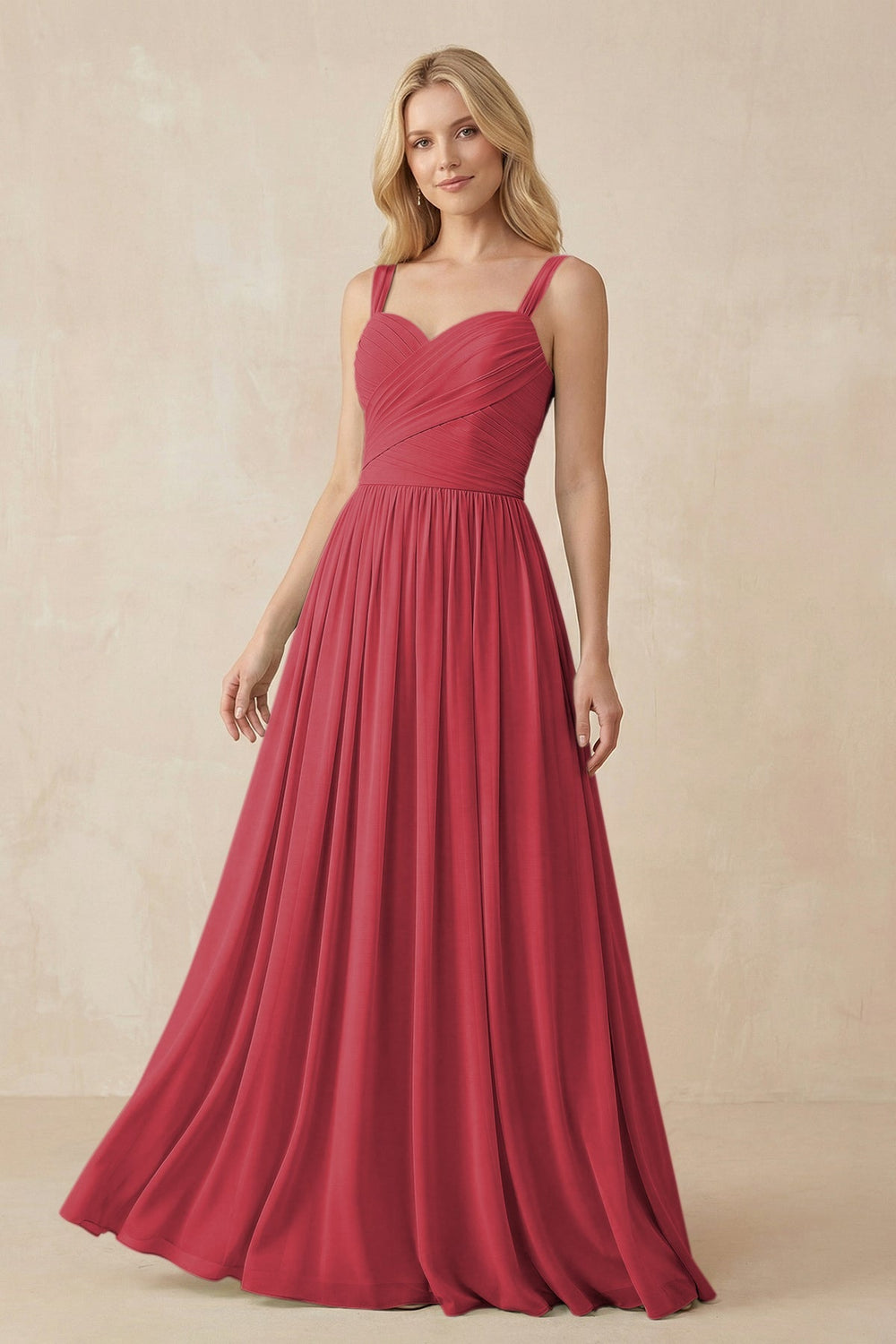 A - Line Pleated Chiffon Long Bridesmaid Dress in Merlot - KissProm Bridesmaid Dresses