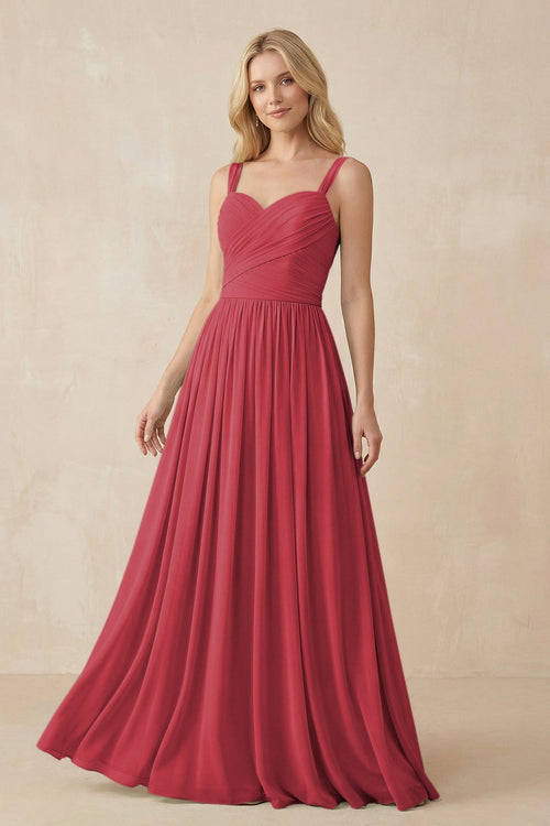 A - Line Pleated Chiffon Long Bridesmaid Dress in Merlot - KissProm Bridesmaid Dresses
