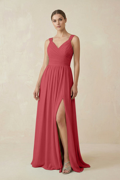 A-Line Pleated Chiffon Long Bridesmaid Dress in Merlot, Merlot / 14