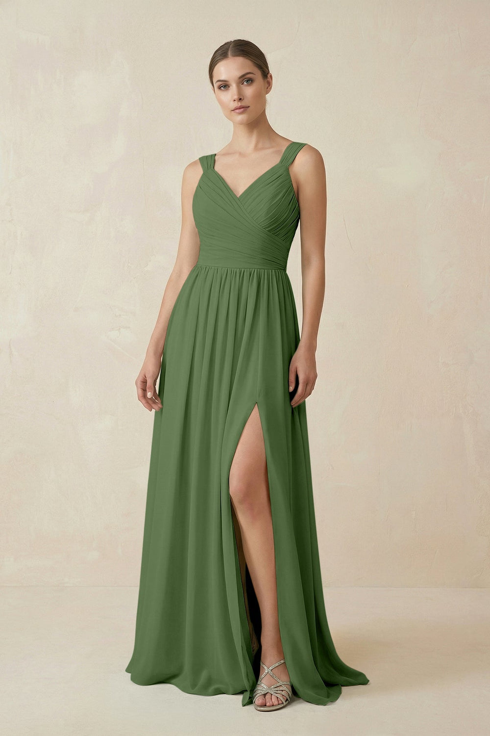 A - Line Pleated Chiffon Long Bridesmaid Dress in Moss - KissProm Bridesmaid Dresses