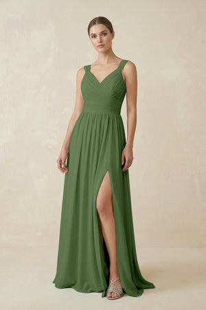 A - Line Pleated Chiffon Long Bridesmaid Dress in Moss - KissProm Bridesmaid Dresses