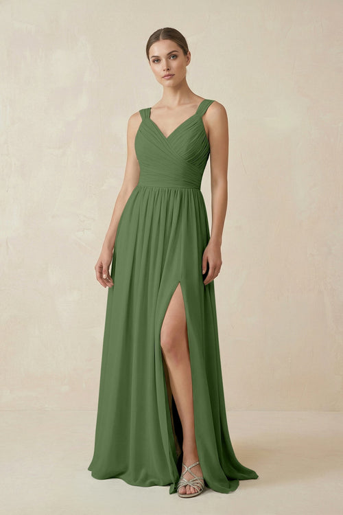 A - Line Pleated Chiffon Long Bridesmaid Dress in Moss - KissProm Bridesmaid Dresses
