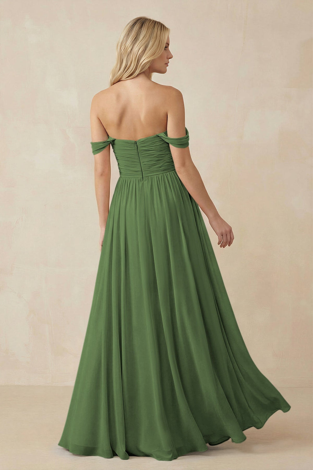 A - Line Pleated Chiffon Long Bridesmaid Dress in Moss - KissProm Bridesmaid Dresses