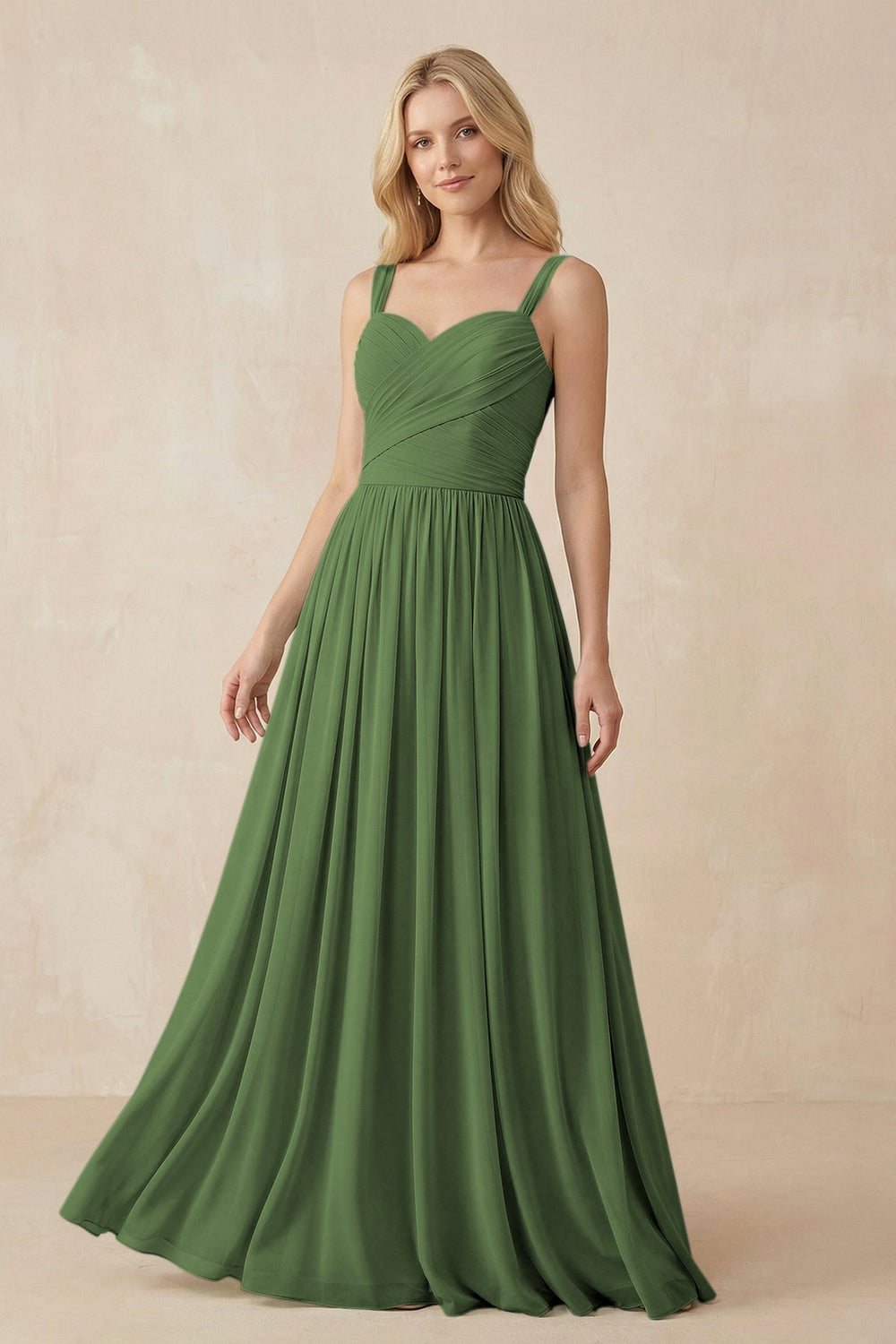 A - Line Pleated Chiffon Long Bridesmaid Dress in Moss - KissProm Bridesmaid Dresses