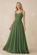 A - Line Pleated Chiffon Long Bridesmaid Dress in Moss - KissProm Bridesmaid Dresses