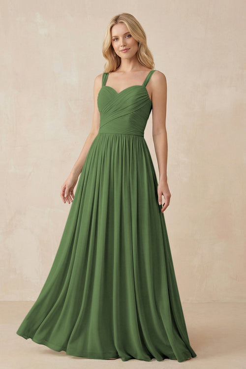 A - Line Pleated Chiffon Long Bridesmaid Dress in Moss - KissProm Bridesmaid Dresses