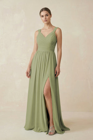 A - Line Pleated Chiffon Long Bridesmaid Dress in Moss Green - KissProm Bridesmaid Dresses