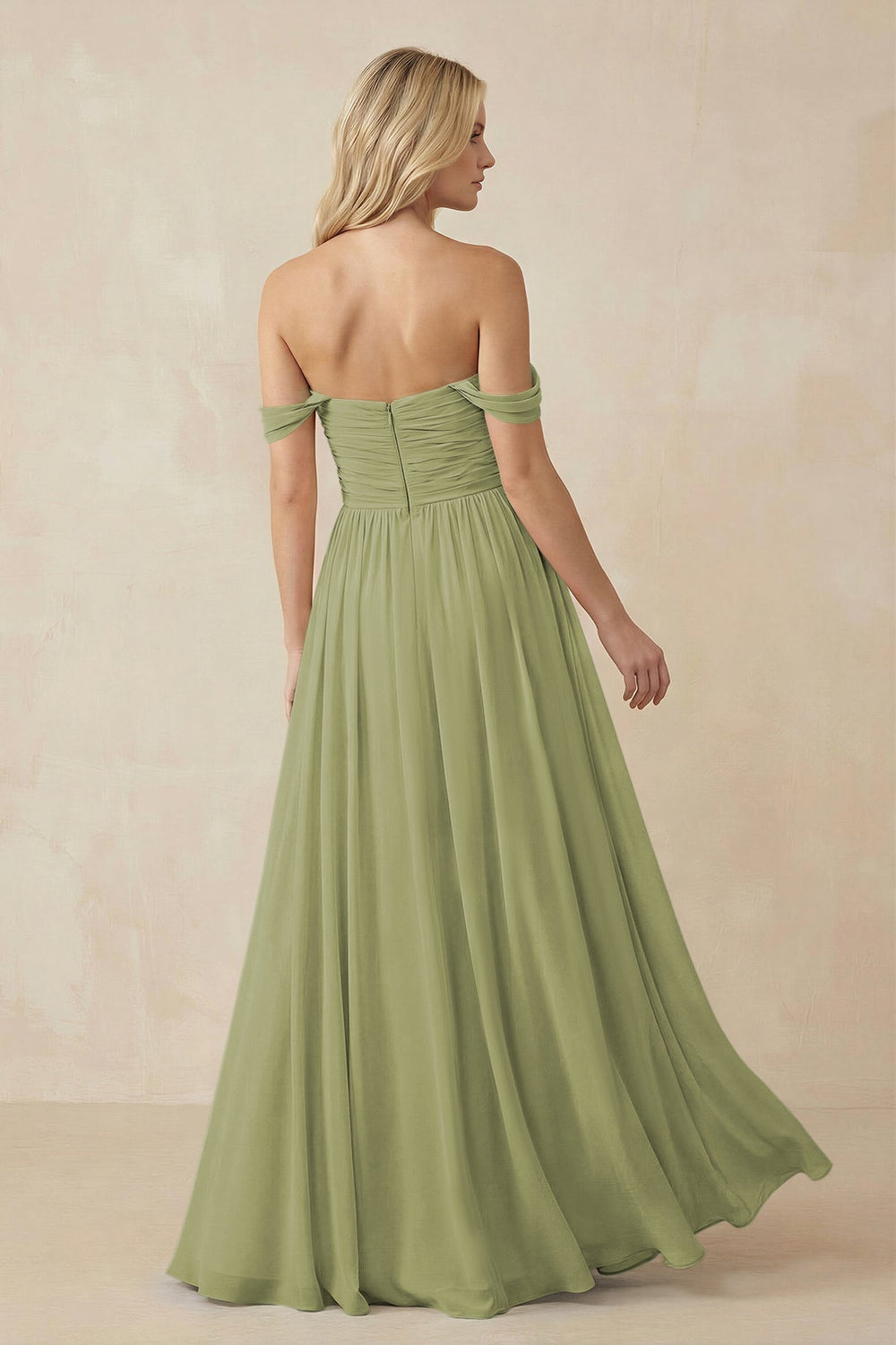 A - Line Pleated Chiffon Long Bridesmaid Dress in Moss Green - KissProm Bridesmaid Dresses