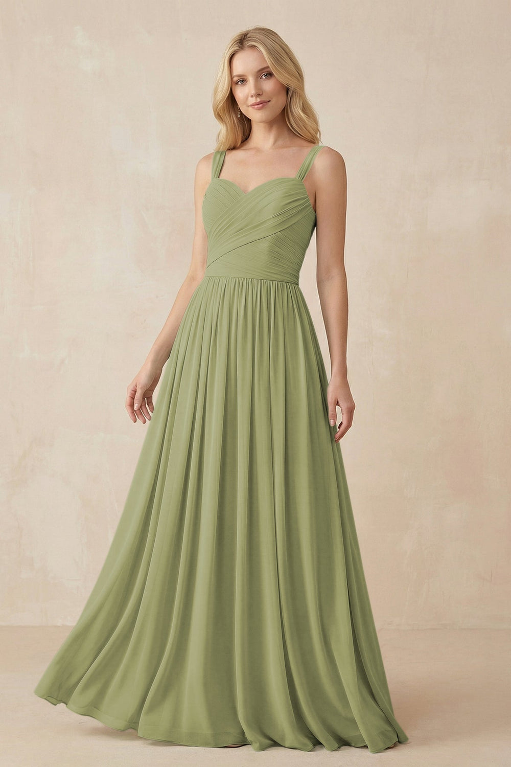 A - Line Pleated Chiffon Long Bridesmaid Dress in Moss Green - KissProm Bridesmaid Dresses