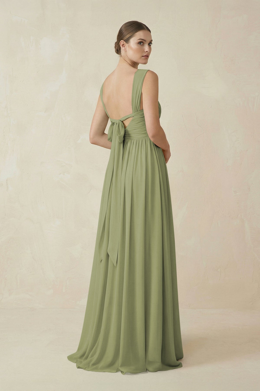 A - Line Pleated Chiffon Long Bridesmaid Dress in Moss Green - KissProm Bridesmaid Dresses