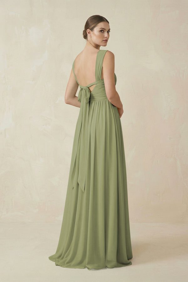 A - Line Pleated Chiffon Long Bridesmaid Dress in Moss Green - KissProm Bridesmaid Dresses