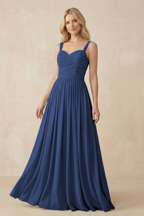 A-Line Pleated Long Chiffon Bridesmaid Dress in Navy, Navy / 24 A-Line Pleated Long Chiffon Bridesmaid Dress in Navy, Navy / 24