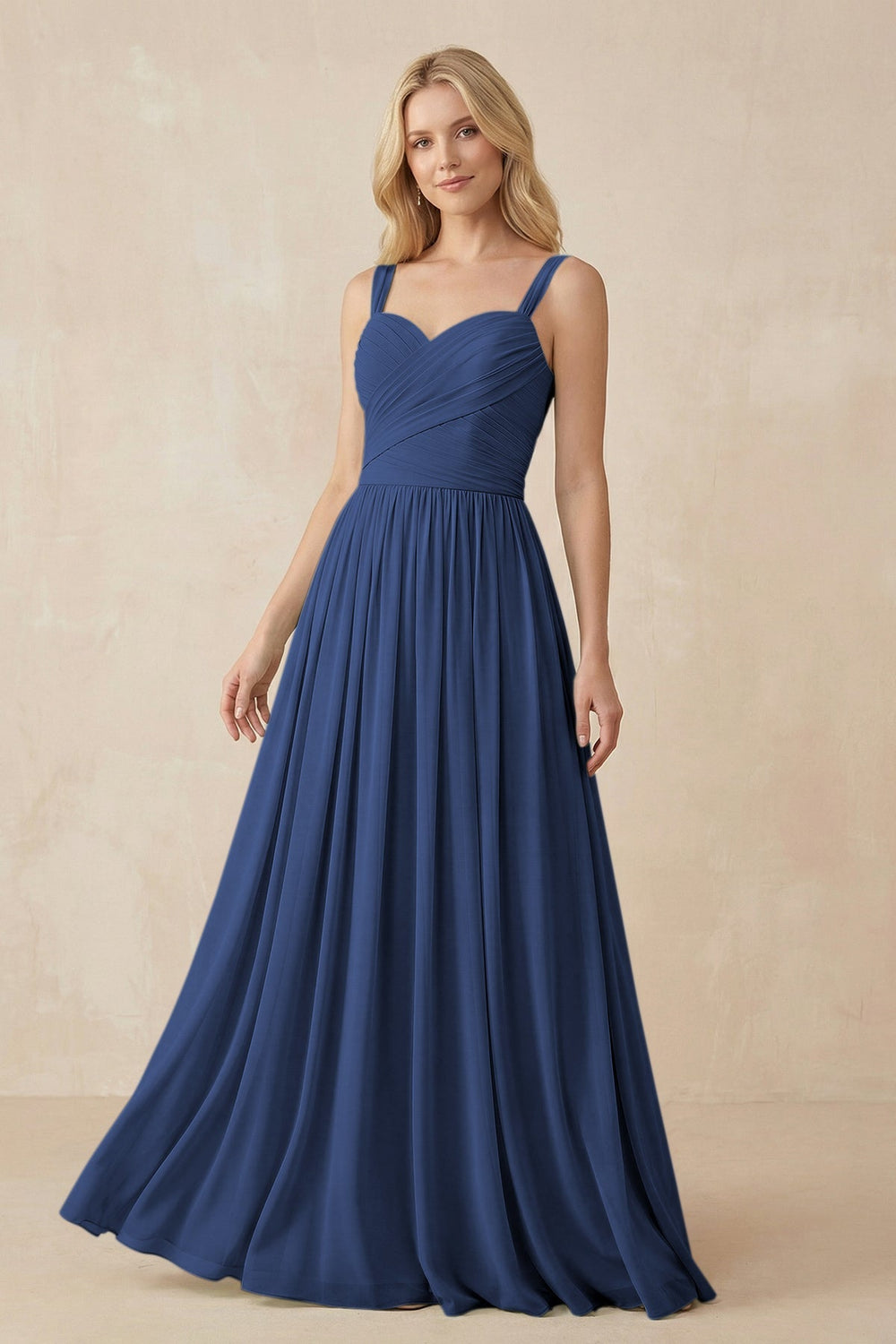 A - Line Pleated Chiffon Long Bridesmaid Dress in Navy - KissProm Bridesmaid Dresses