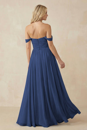 A - Line Pleated Chiffon Long Bridesmaid Dress in Navy - KissProm Bridesmaid Dresses