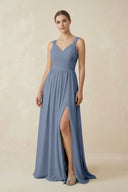 A - Line Pleated Chiffon Long Bridesmaid Dress in Neptune - KissProm Bridesmaid Dresses
