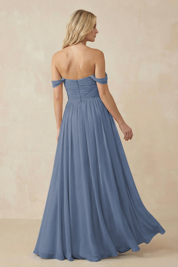 A - Line Pleated Chiffon Long Bridesmaid Dress in Neptune - KissProm Bridesmaid Dresses