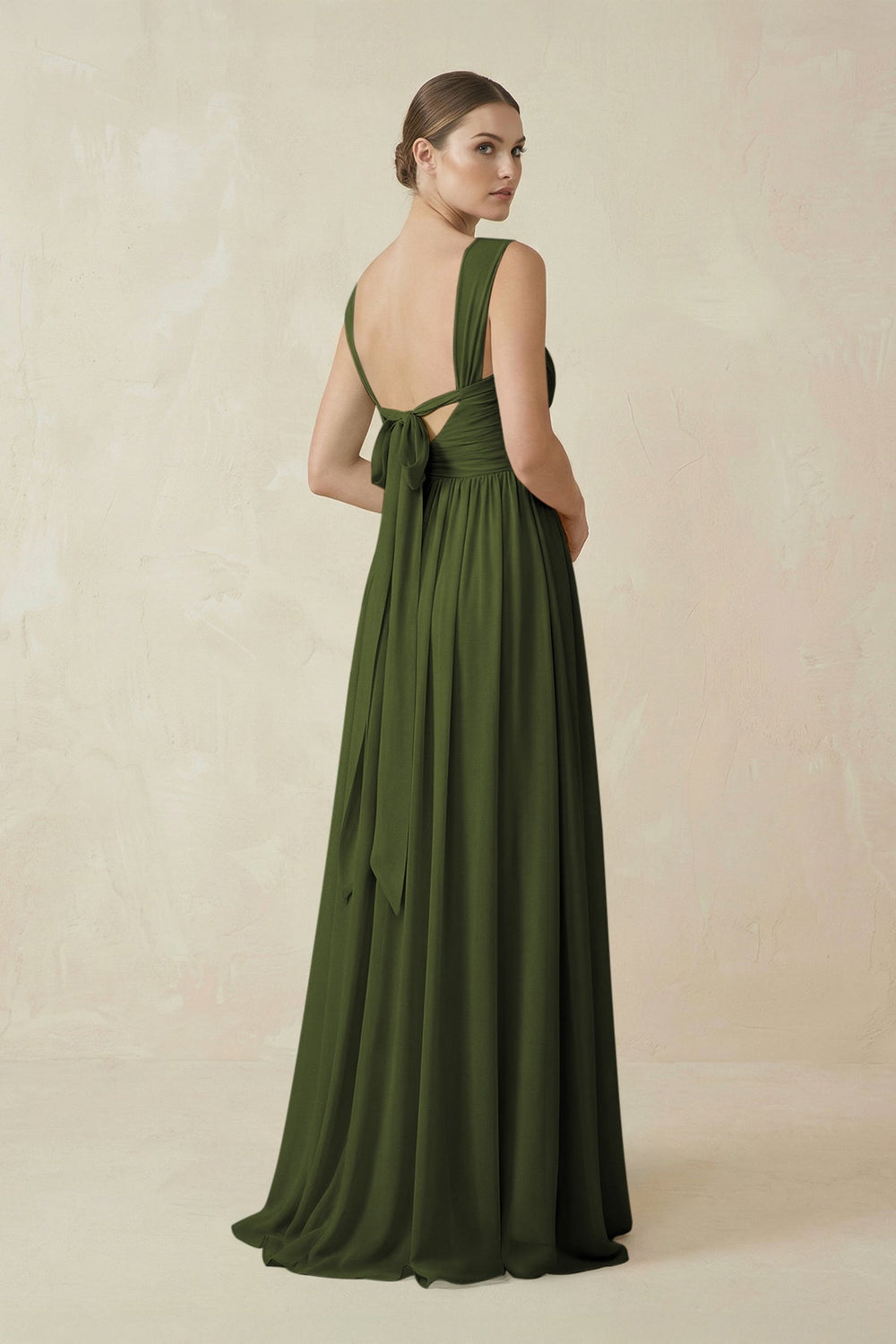 A - Line Pleated Chiffon Long Bridesmaid Dress in Olive - KissProm Bridesmaid Dresses