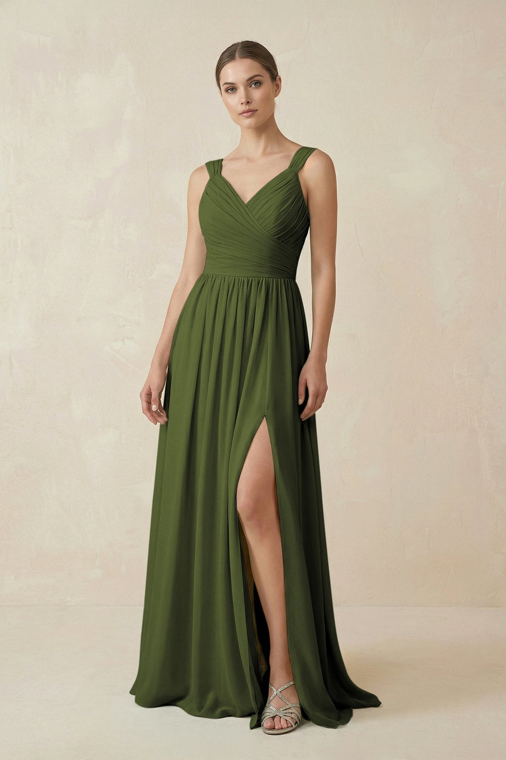 A - Line Pleated Chiffon Long Bridesmaid Dress in Olive - KissProm Bridesmaid Dresses