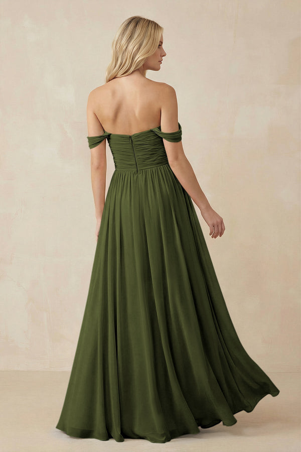 A - Line Pleated Chiffon Long Bridesmaid Dress in Olive - KissProm Bridesmaid Dresses