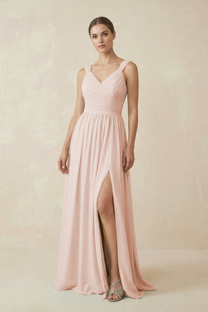 A - Line Pleated Chiffon Long Bridesmaid Dress in Pale Blush - KissProm Bridesmaid Dresses