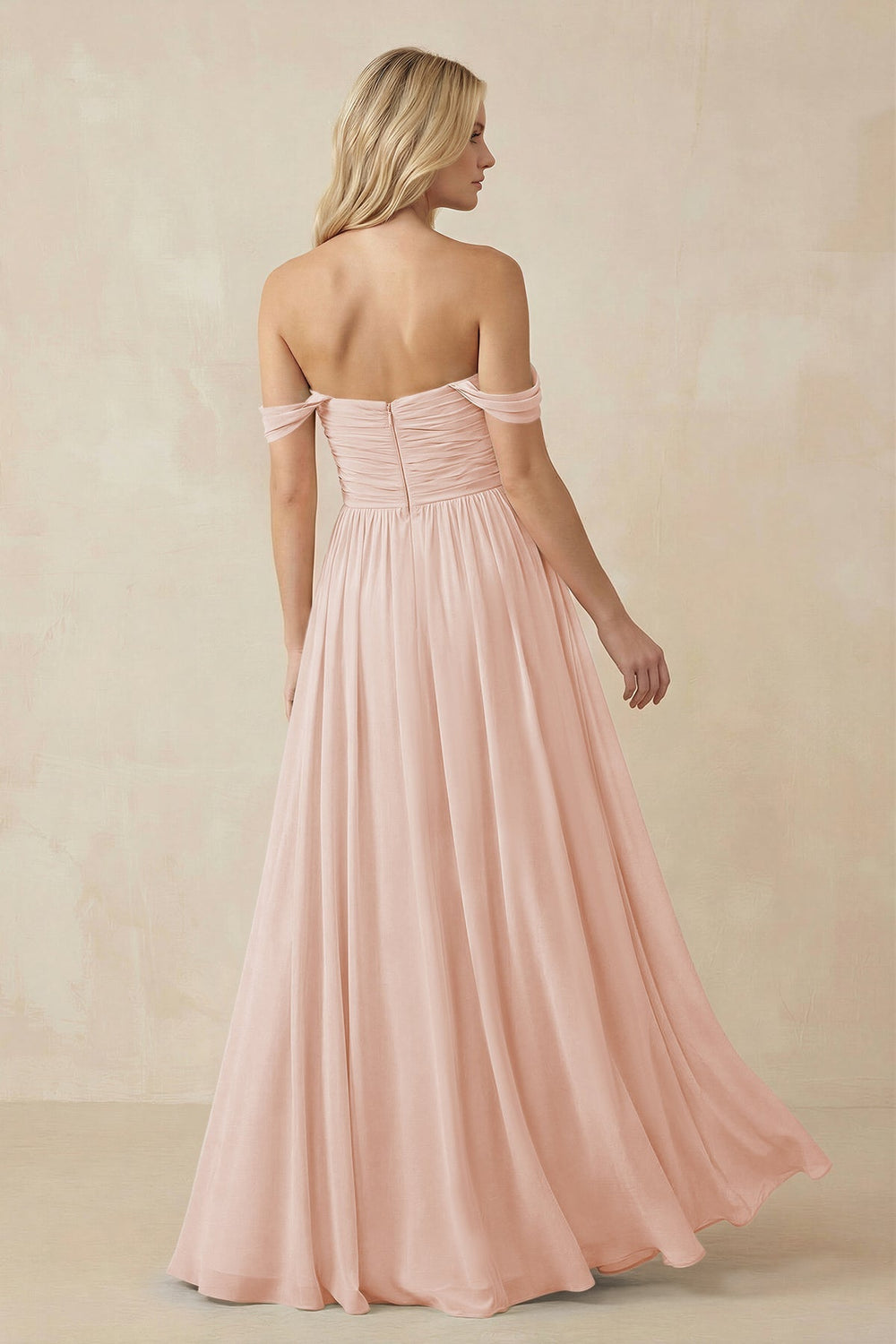 A - Line Pleated Chiffon Long Bridesmaid Dress in Pale Blush - KissProm Bridesmaid Dresses
