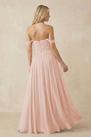 A - Line Pleated Chiffon Long Bridesmaid Dress in Pale Blush - KissProm Bridesmaid Dresses