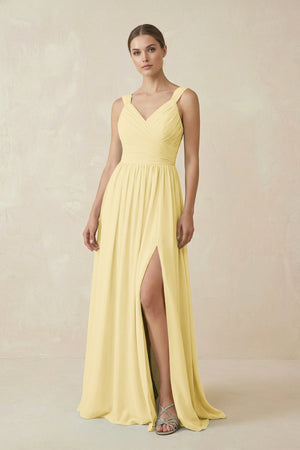 A - Line Pleated Chiffon Long Bridesmaid Dress in Pastel Yellow - KissProm Bridesmaid Dresses