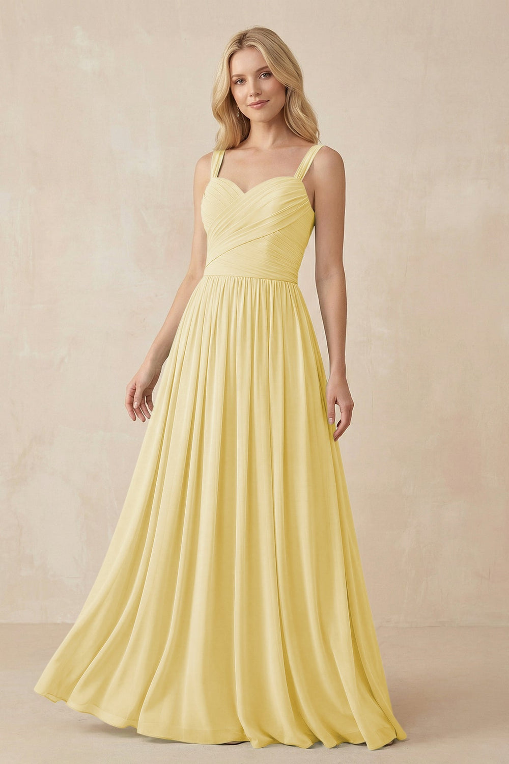 A - Line Pleated Chiffon Long Bridesmaid Dress in Pastel Yellow - KissProm Bridesmaid Dresses