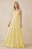 A - Line Pleated Chiffon Long Bridesmaid Dress in Pastel Yellow - KissProm Bridesmaid Dresses