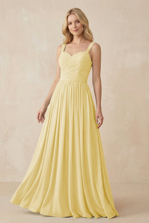 A-Line Pleated Long Chiffon Bridesmaid Dress in Pastel Yellow, Pastel Yellow / 2