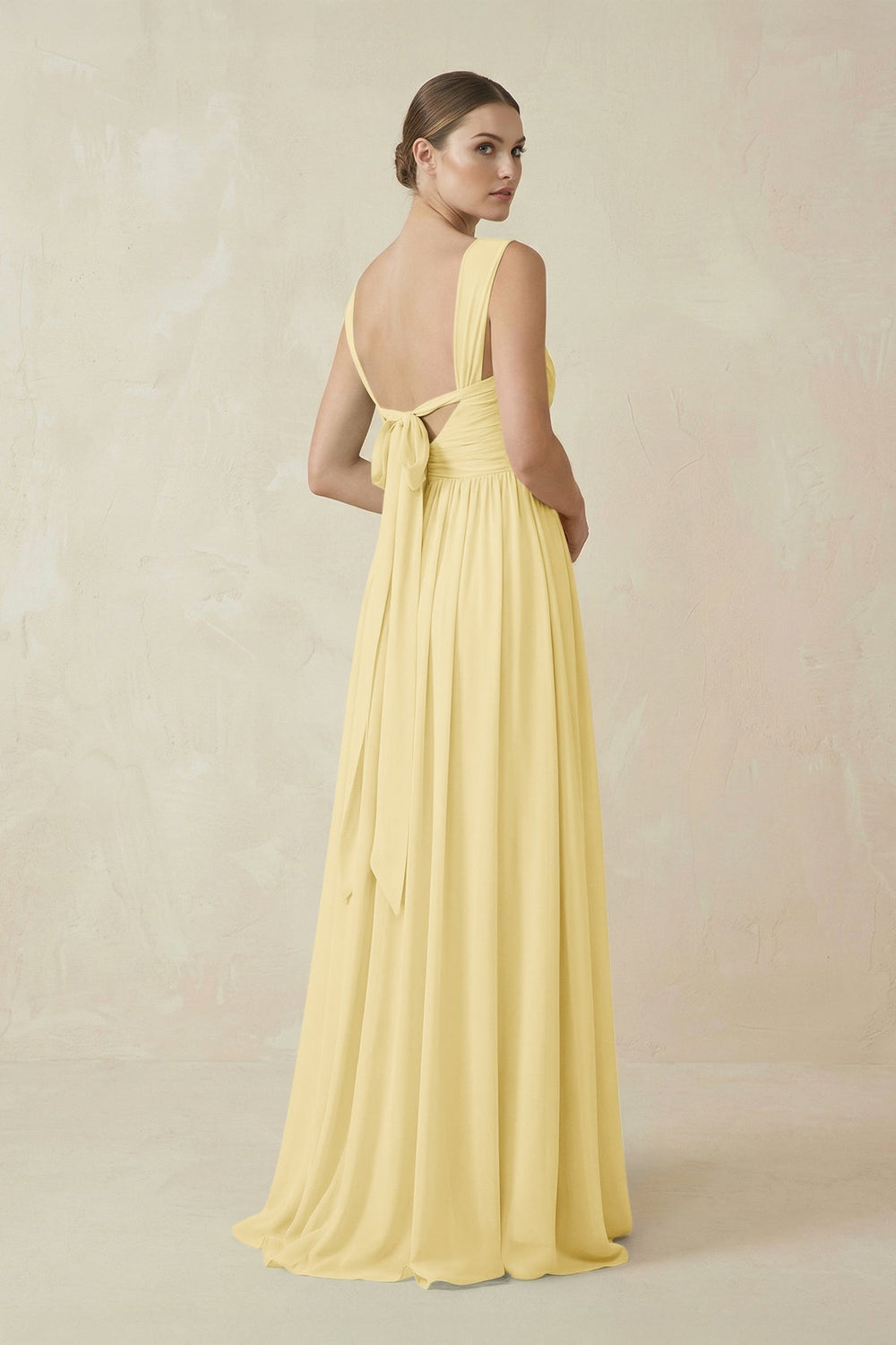 A - Line Pleated Chiffon Long Bridesmaid Dress in Pastel Yellow - KissProm Bridesmaid Dresses