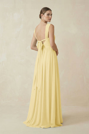 A - Line Pleated Chiffon Long Bridesmaid Dress in Pastel Yellow - KissProm Bridesmaid Dresses