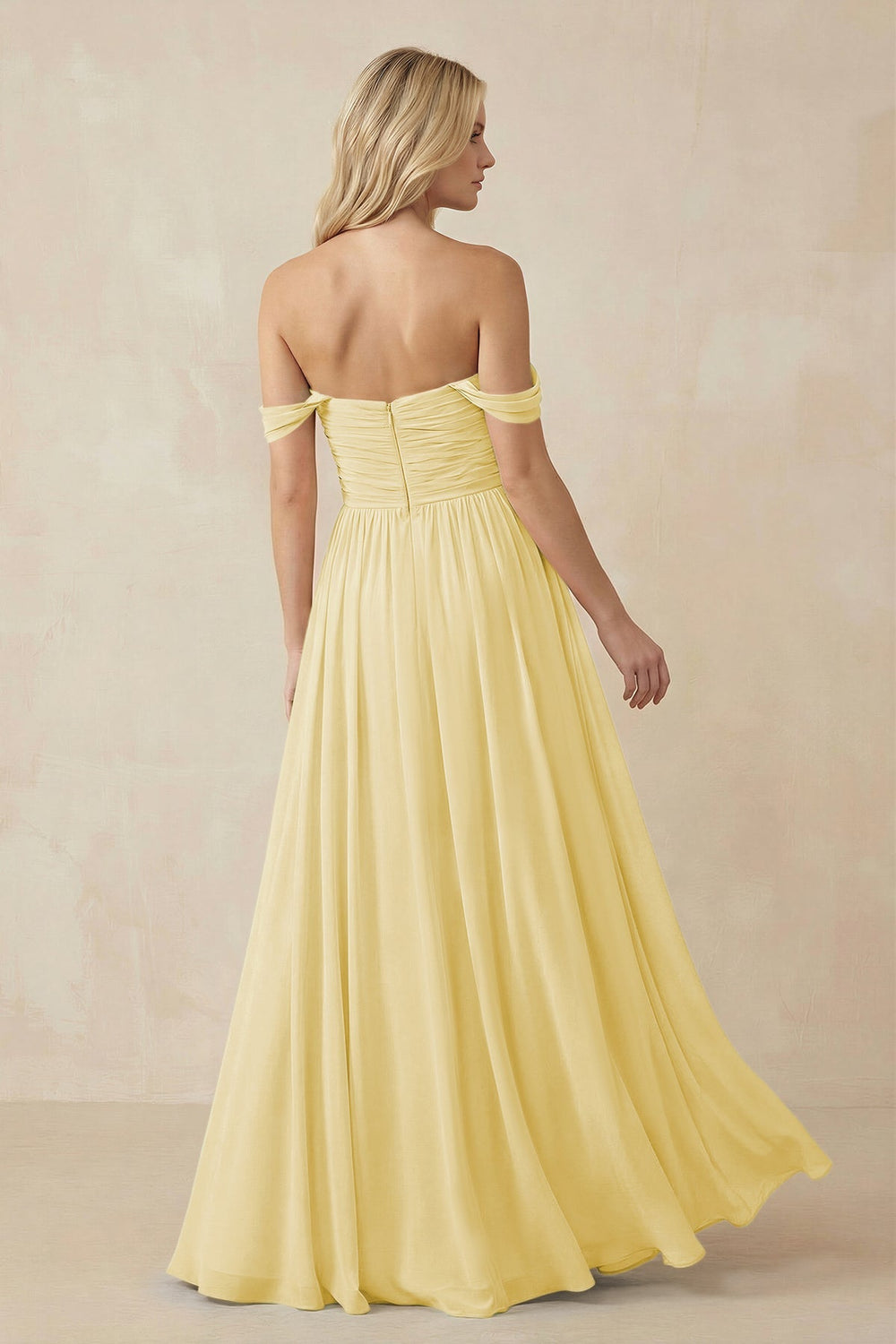 A - Line Pleated Chiffon Long Bridesmaid Dress in Pastel Yellow - KissProm Bridesmaid Dresses