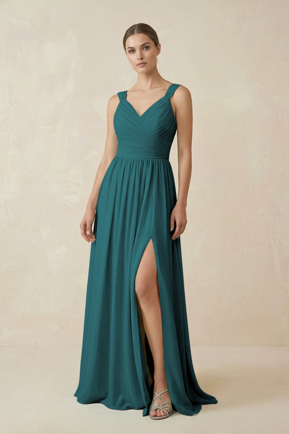 A - Line Pleated Chiffon Long Bridesmaid Dress in Pine - KissProm Bridesmaid Dresses