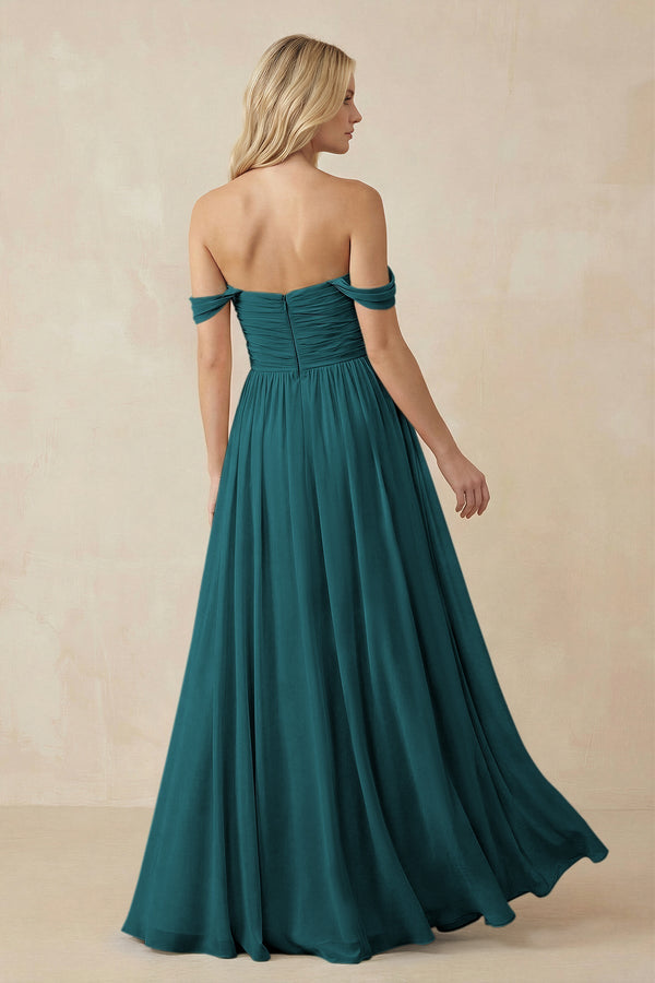 A - Line Pleated Chiffon Long Bridesmaid Dress in Pine - KissProm Bridesmaid Dresses