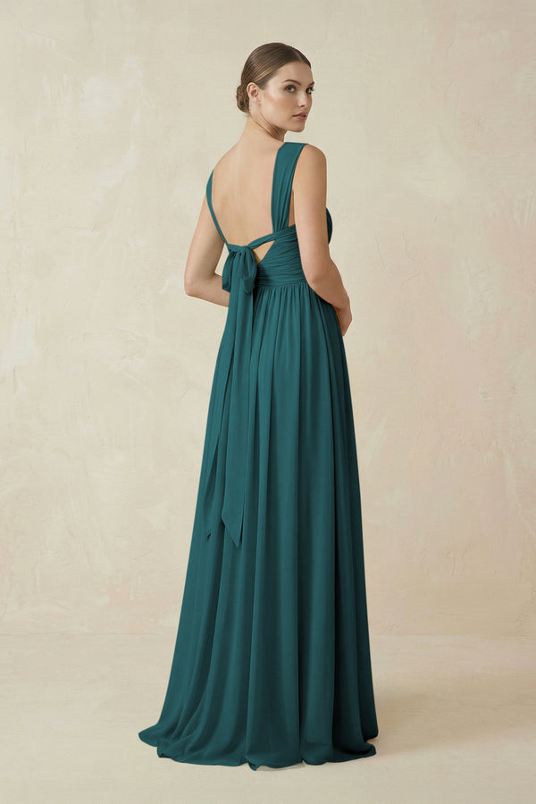 A - Line Pleated Chiffon Long Bridesmaid Dress in Pine - KissProm Bridesmaid Dresses