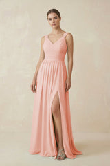 A - Line Pleated Chiffon Long Bridesmaid Dress in Rose Petal - KissProm Bridesmaid Dresses