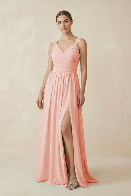 A - Line Pleated Chiffon Long Bridesmaid Dress in Rose Petal - KissProm Bridesmaid Dresses