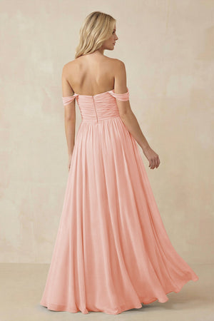 A - Line Pleated Chiffon Long Bridesmaid Dress in Rose Petal - KissProm Bridesmaid Dresses