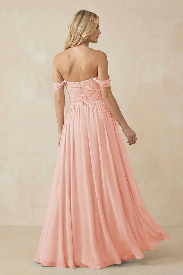 A - Line Pleated Chiffon Long Bridesmaid Dress in Rose Petal - KissProm Bridesmaid Dresses
