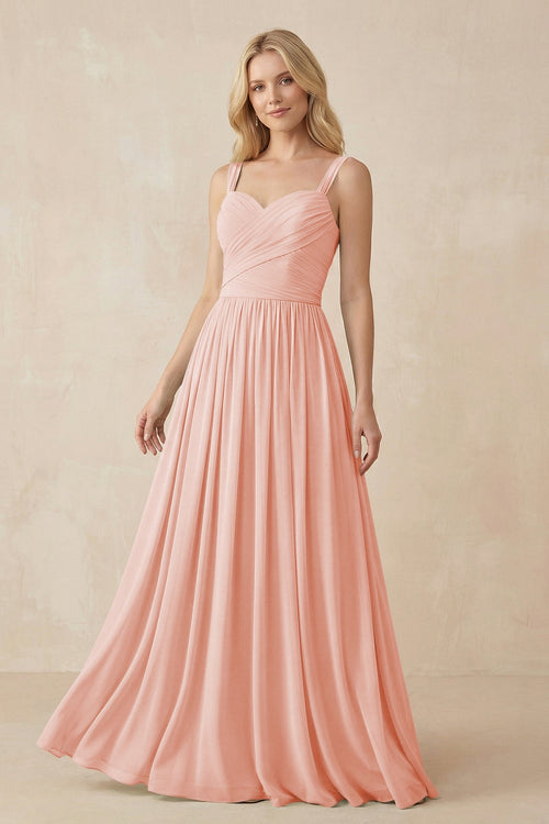 A - Line Pleated Chiffon Long Bridesmaid Dress in Rose Petal - KissProm Bridesmaid Dresses