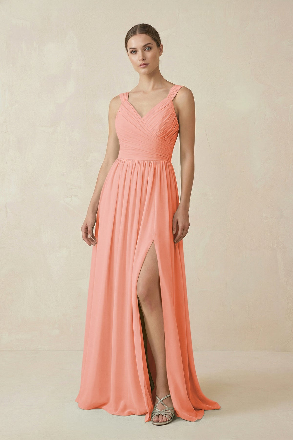 A - Line Pleated Chiffon Long Bridesmaid Dress in Rosette - KissProm Bridesmaid Dresses